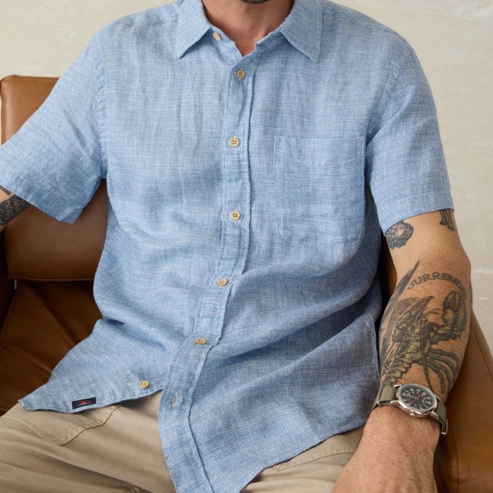 Faherty Short Sleeve Palma Linen Shirt Blue Basketweave XL - Picture 6 of 6